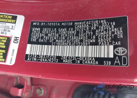 2018 Toyota Corolla L/Le/Se/Xle/Xse z USA, uszkodzony, nr VIN 2T1BURHE8JC123991